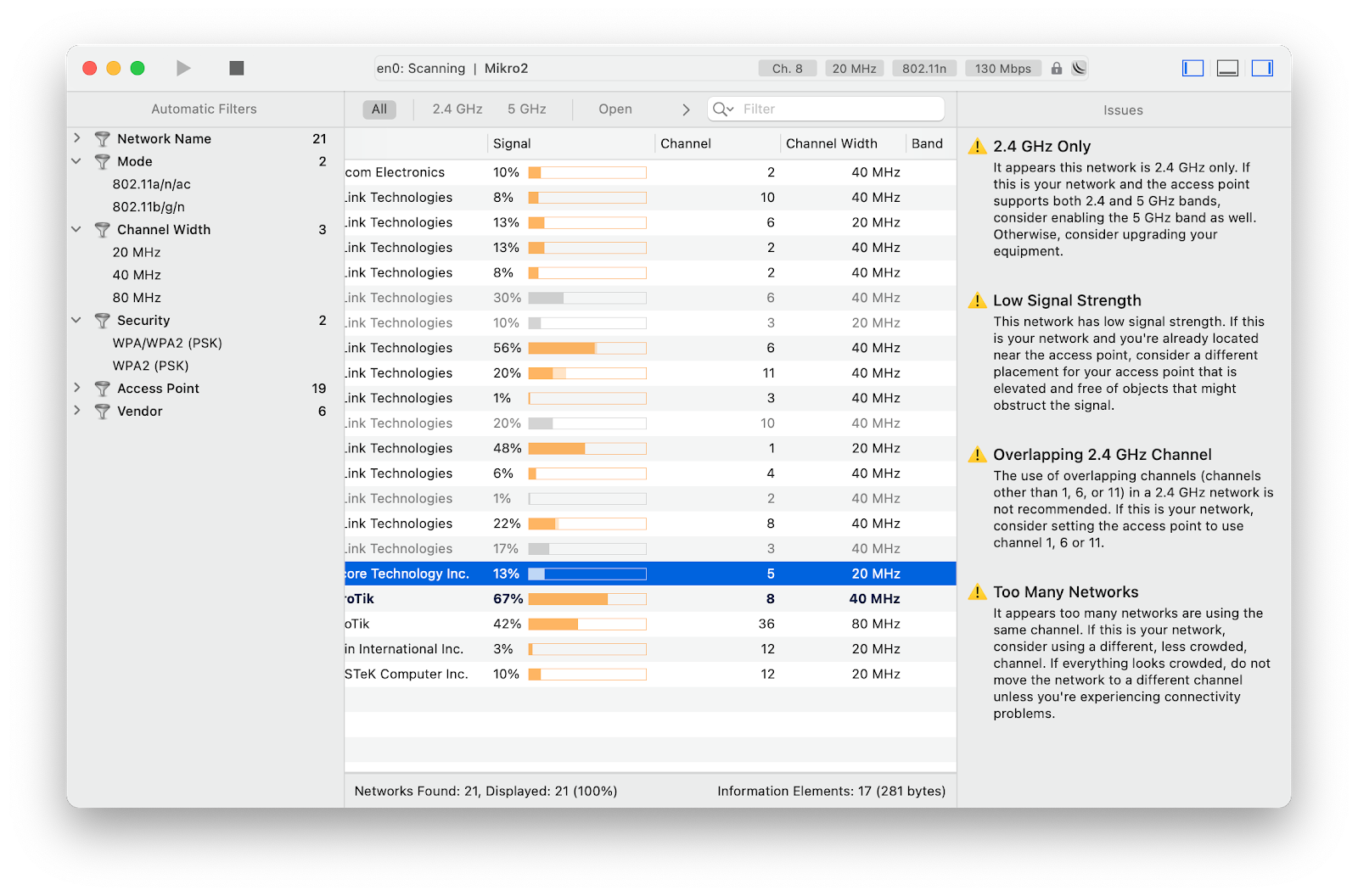 List of network issues in WiFi Explorer